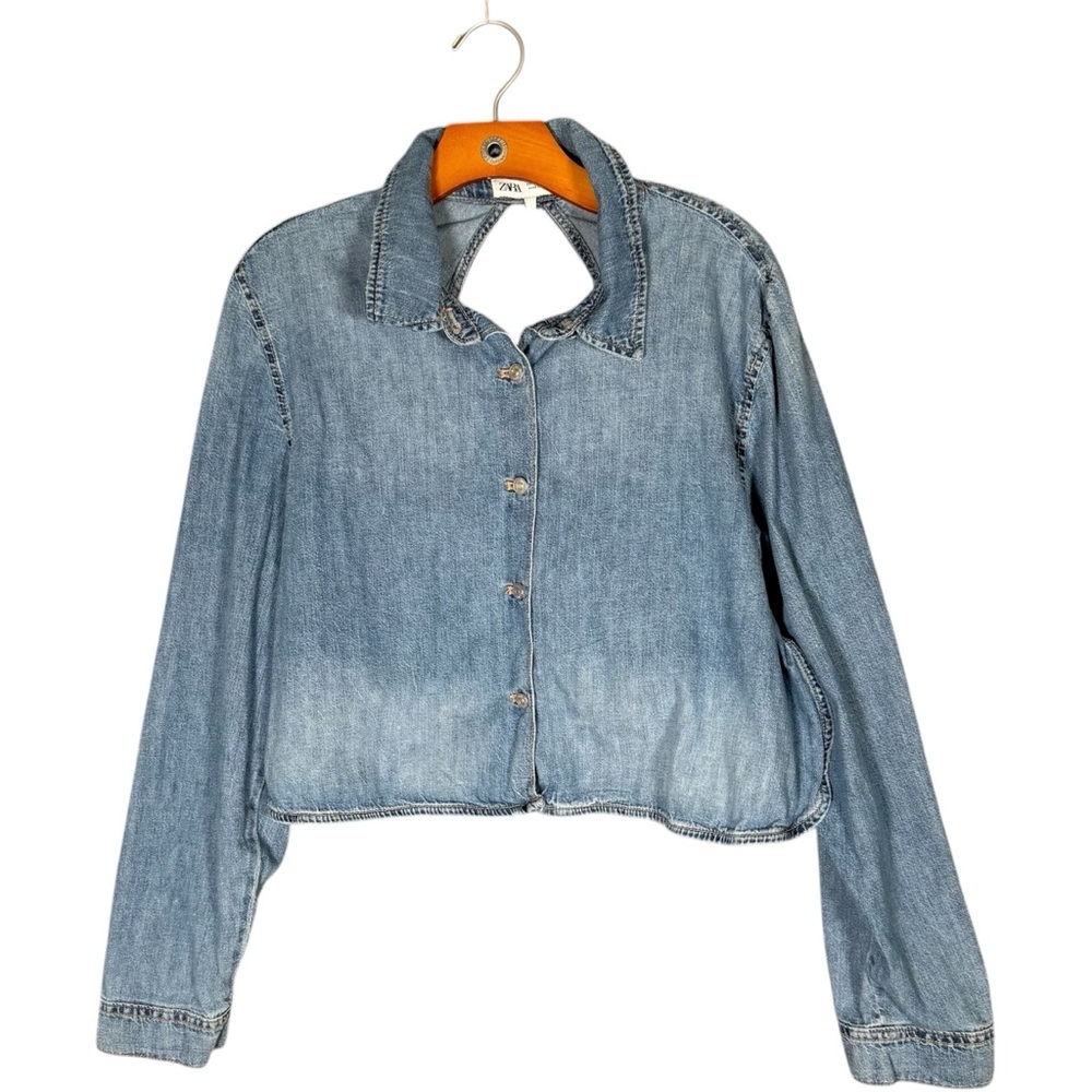 Zara Denim Backless Long Sleeve Collared Shirt Festival Western L